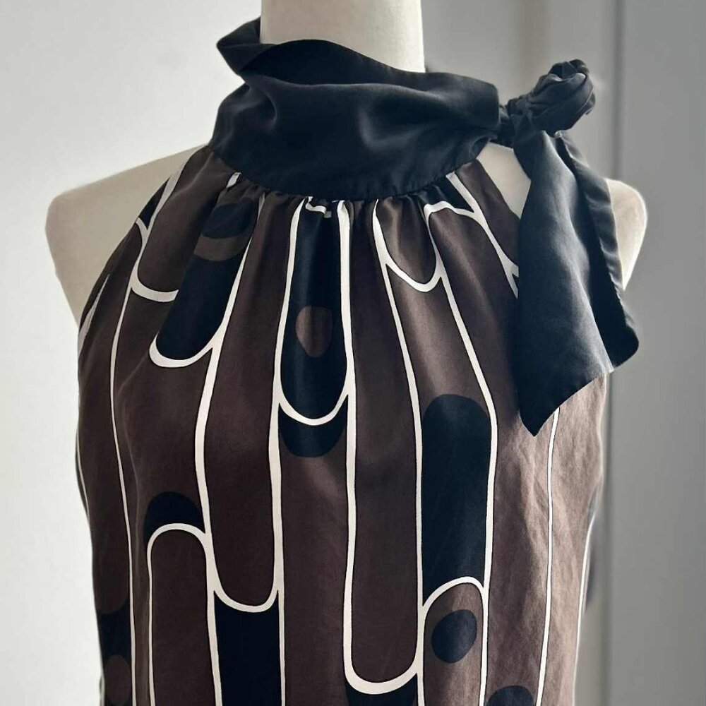 Zara Basic Pure Silk Cocoa & Black Abstract Tie-Neck Halter Blouse – US L - Picture 3 of 11